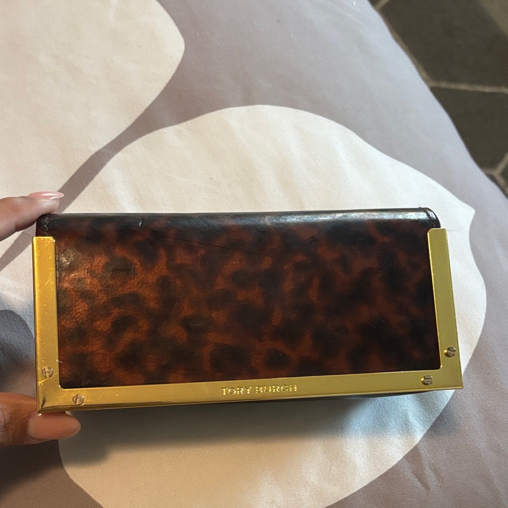 Tory Burch Brown Tortoise Clutch with Gold Trim